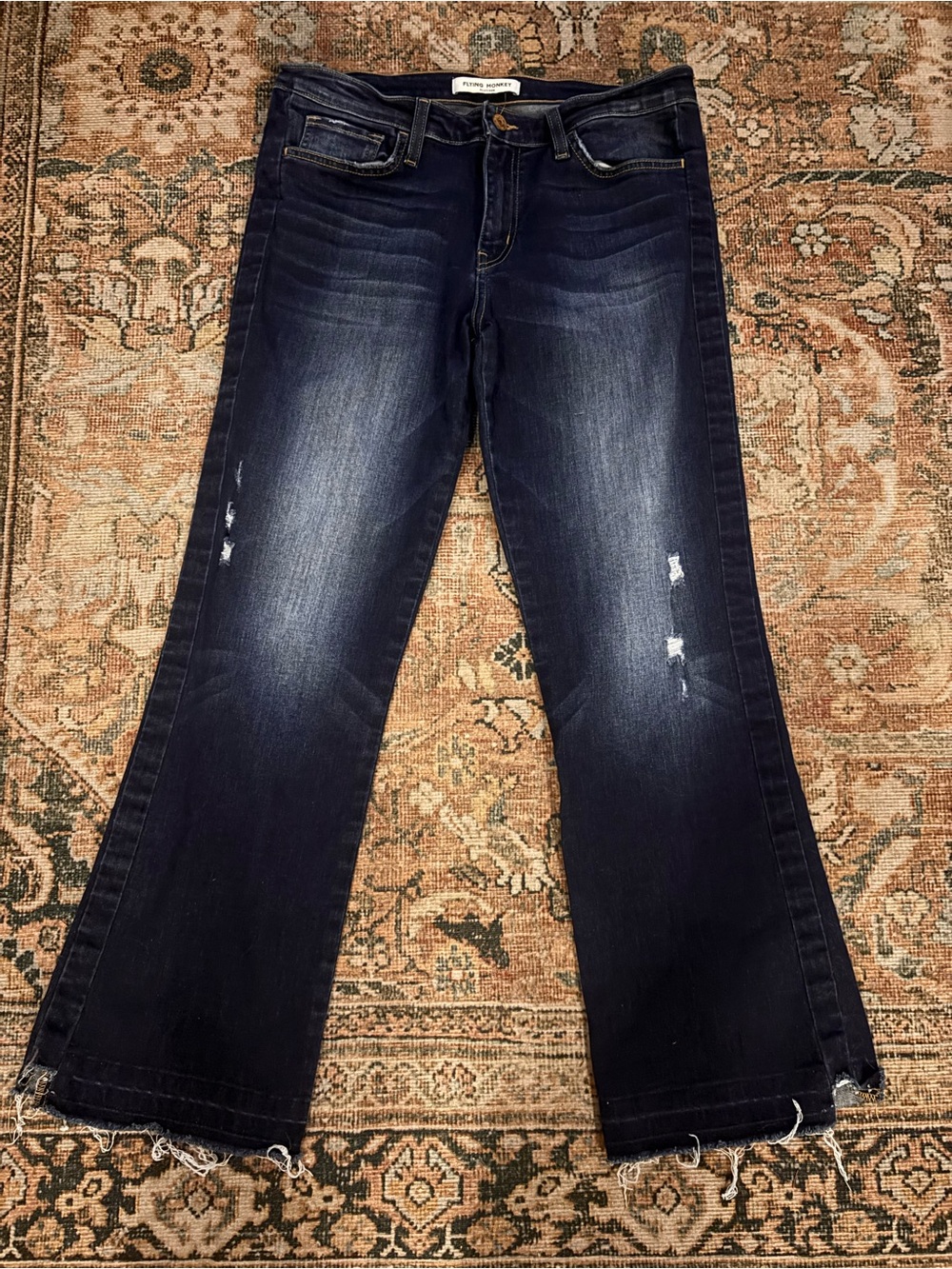Flying Monkey Platinum: Dark Blue Bootcut Jeans with Distressed Hem- Size 29